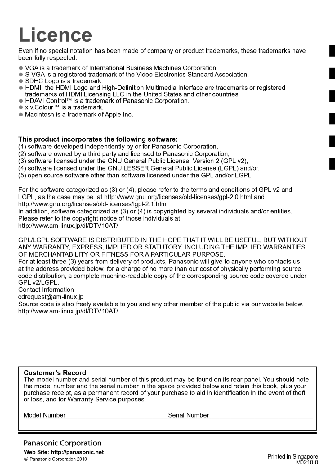 Panasonic TH-P42A20V, TH-P42A20P, TH-P42A20M Licence, This product incorporates the following software, Customer’s Record 
