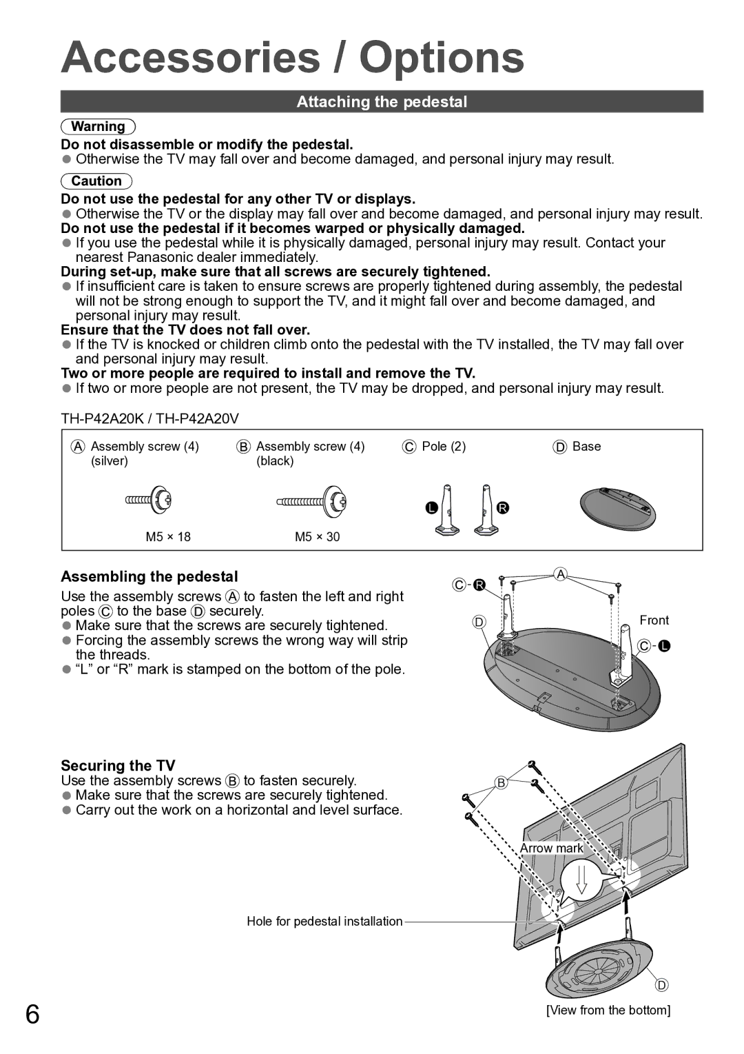 Panasonic TH-P42A20V, TH-P42A20P, TH-P42A20M, TH-P42A20K, TH-P42A20R, TH-P42A2G Accessories / Options, Attaching the pedestal 