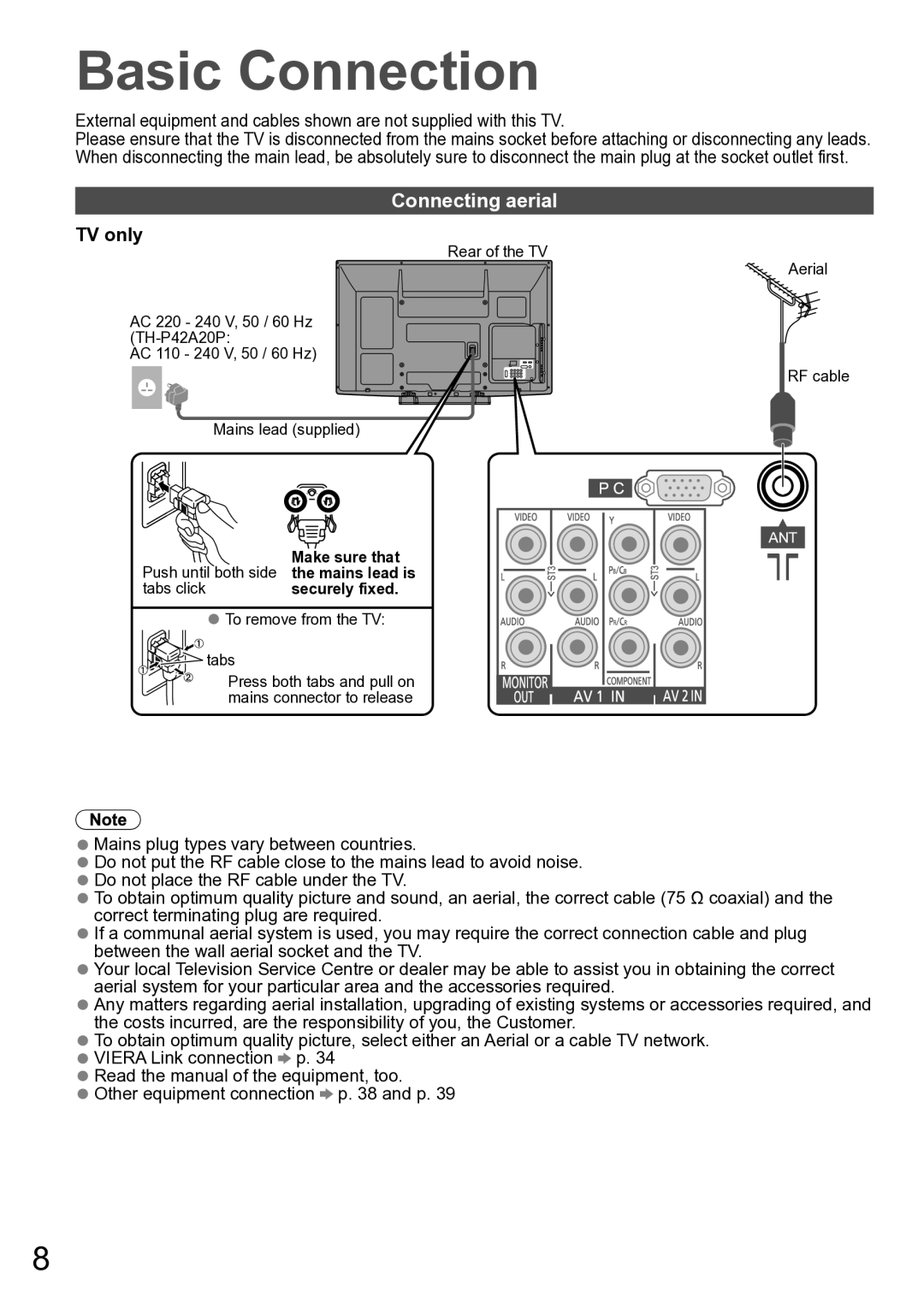 Panasonic TH-P42A20M, TH-P42A20P manual Basic Connection, Connecting aerial, TV only, Push until both side Make sure that 