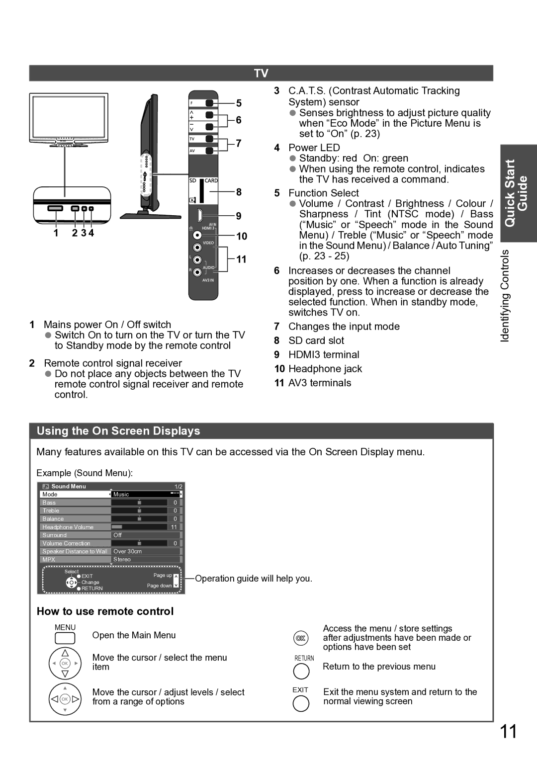 Panasonic TH-P50U20K, TH-P50U20M manual Using the On Screen Displays, Mains power On / Off switch, How to use remote control 