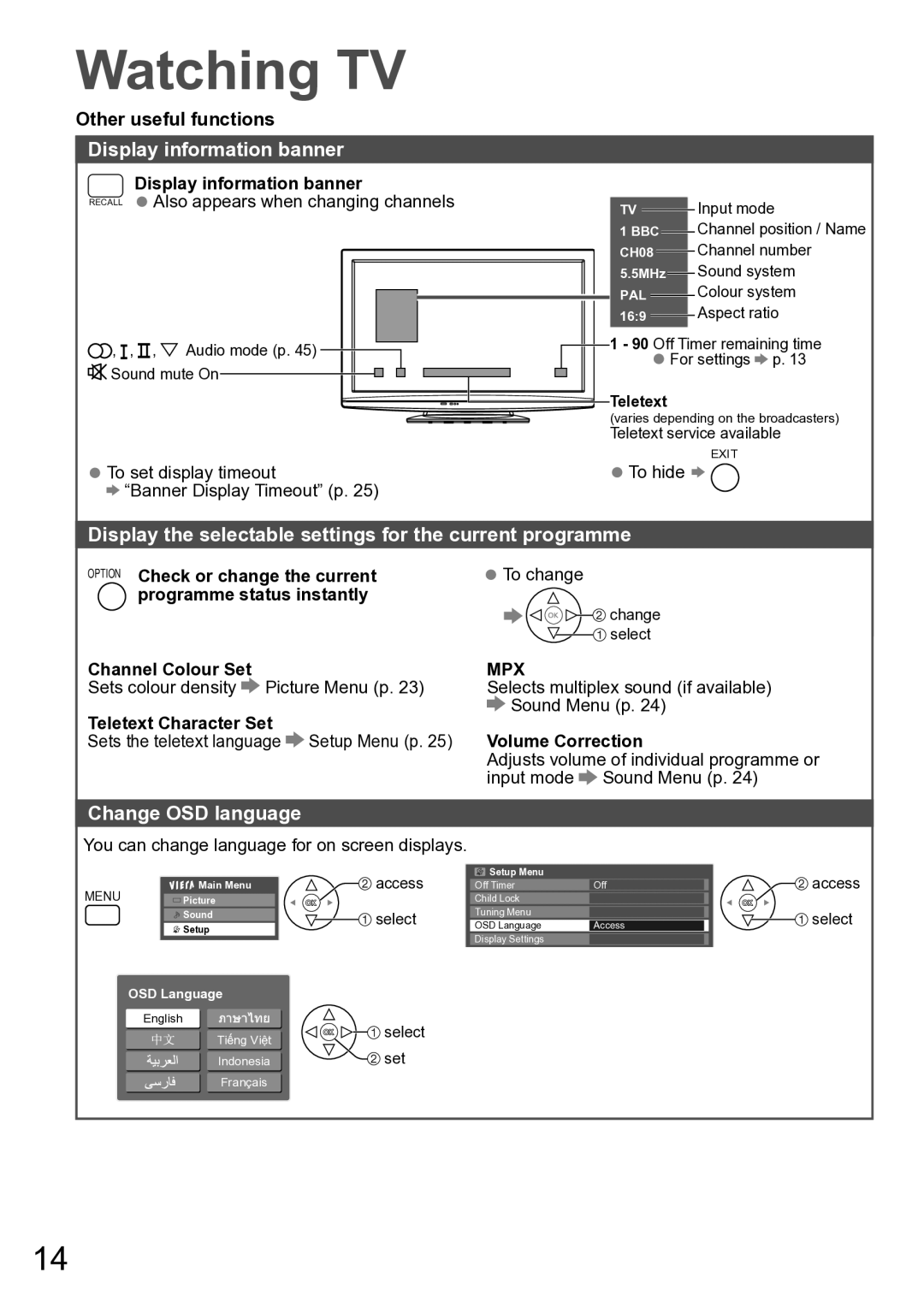 Panasonic TH-P50U20R, TH-P50U20M Display information banner, Display the selectable settings for the current programme 