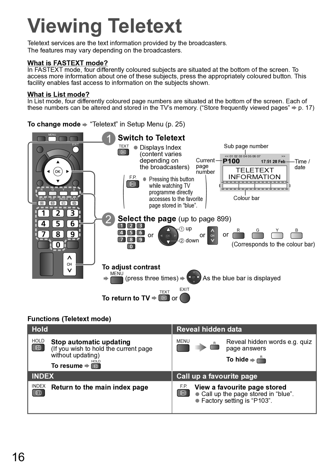 Panasonic TH-P46U20V, TH-P50U20M, TH-P50U20K, TH-P46U20R manual Viewing Teletext, Reveal hidden data, Call up a favourite 