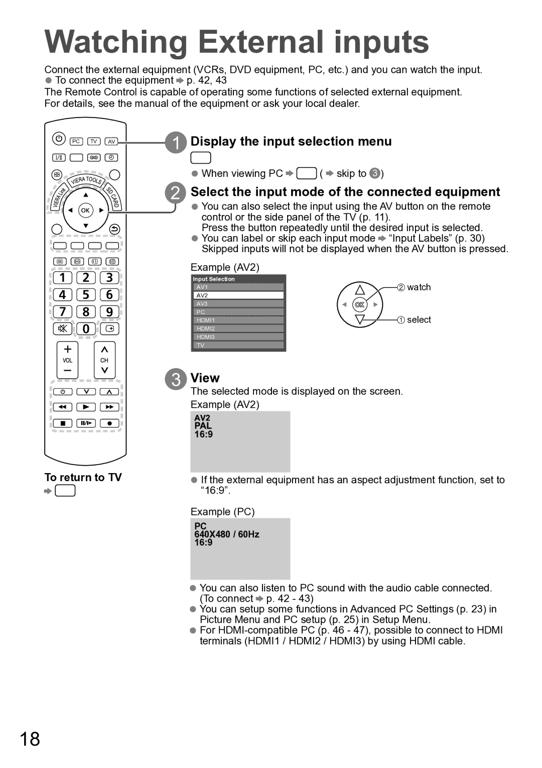 Panasonic TH-P46U20P, TH-P50U20M, TH-P50U20K, TH-P46U20R, TH-P46U20M, TH-P50U20R Watching External inputs, To return to TV 