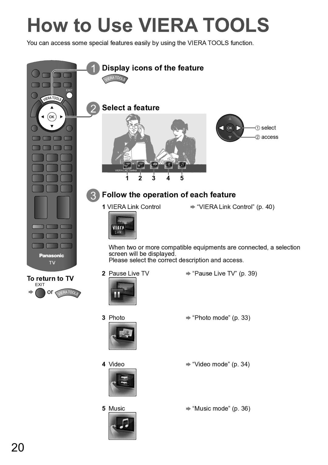 Panasonic TH-P50U20M, TH-P50U20K How to Use Viera Tools, Viera Link Control Viera Link Control p, Pause Live TV, Music 