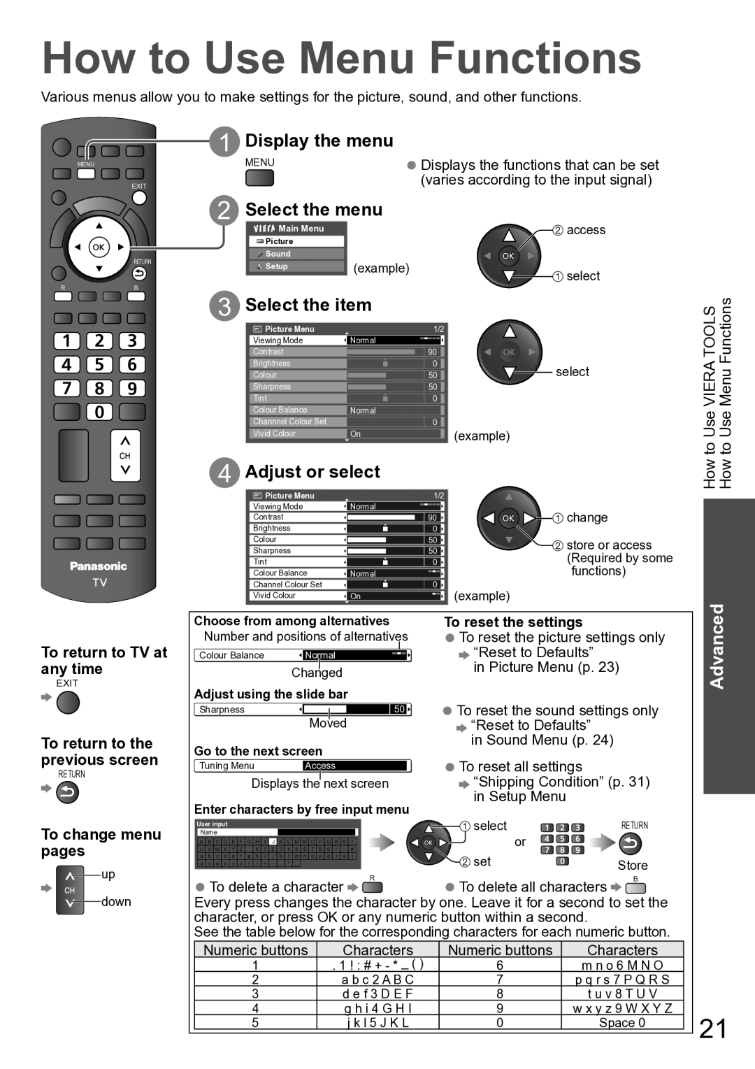 Panasonic TH-P50U20K, TH-P50U20M, TH-P46U20R, TH-P46U20M, TH-P50U20R manual How to Use Menu Functions, To reset the settings 