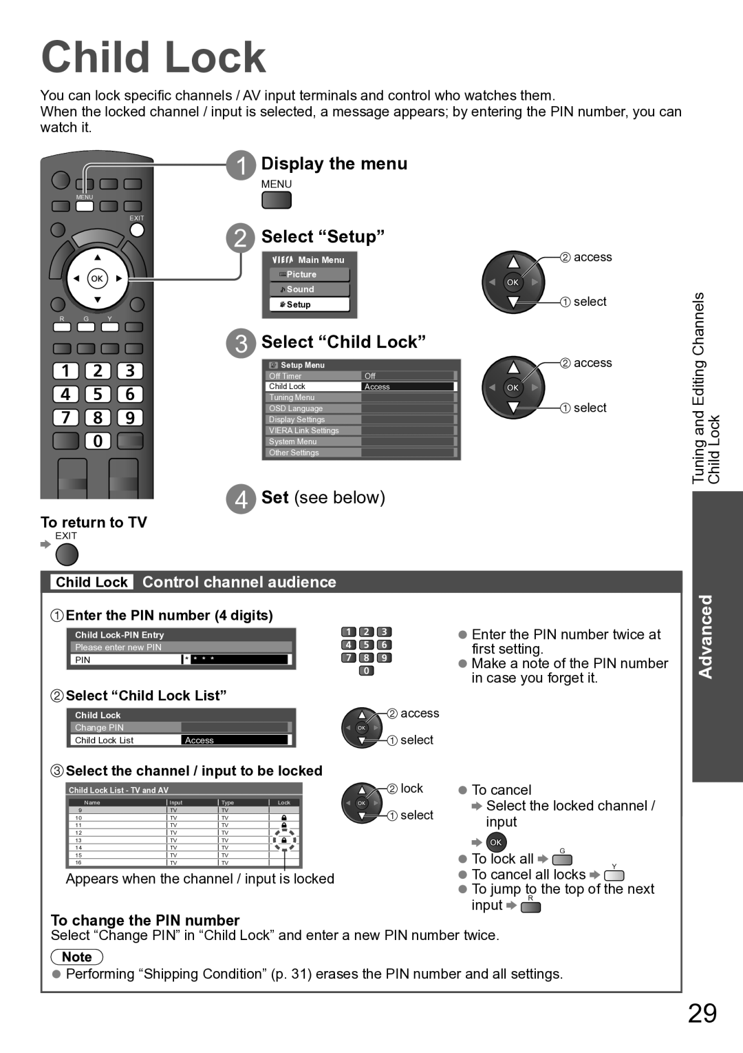 Panasonic TH-P50U20V manual Select Child Lock List, Select the channel / input to be locked, To change the PIN number 