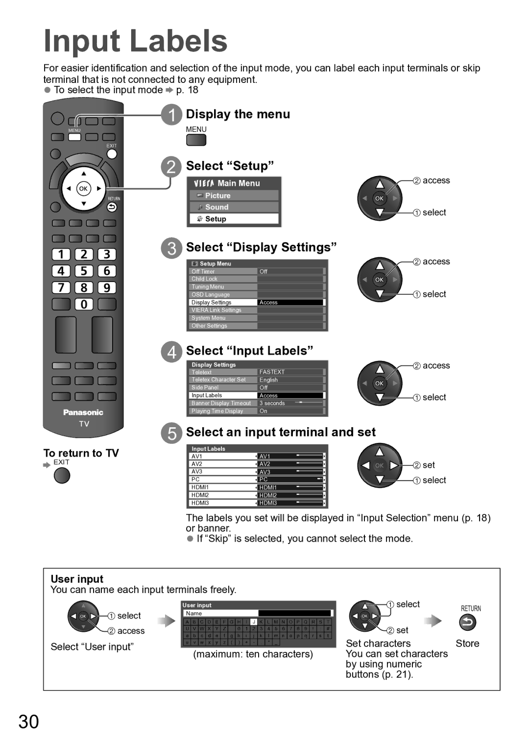 Panasonic TH-P50U20M Input Labels, You can name each input terminals freely, Select User input, Maximum ten characters 