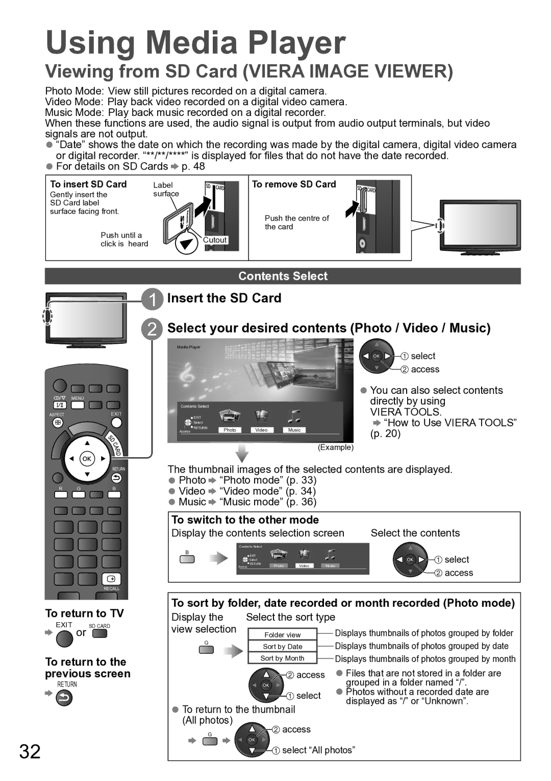 Panasonic TH-P46U20R, TH-P50U20M, TH-P50U20K, TH-P46U20M, TH-P50U20R, TH-P50U20P manual Using Media Player, Contents Select 