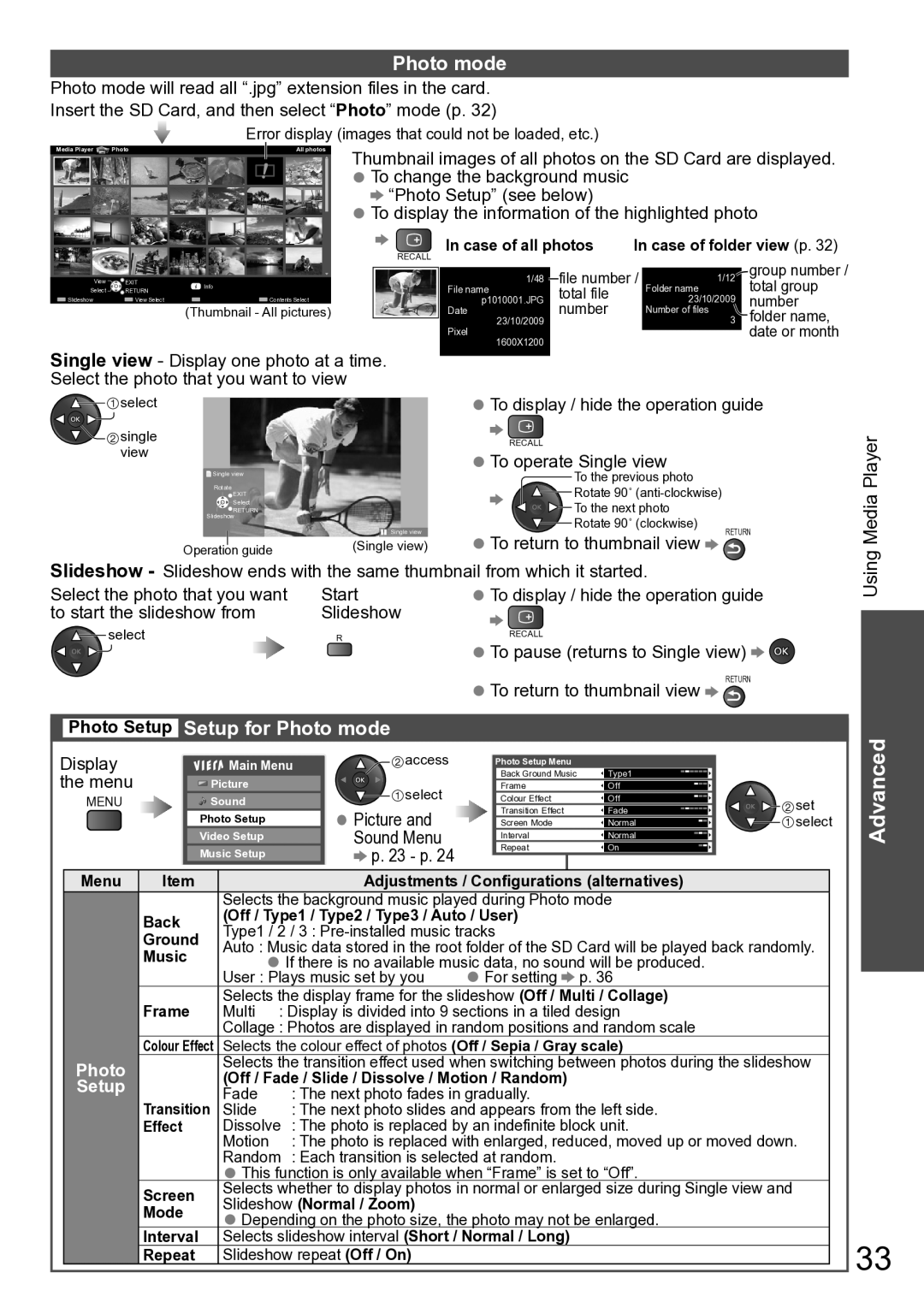 Panasonic TH-P46U20M, TH-P50U20M, TH-P50U20K, TH-P46U20R, TH-P50U20R, TH-P50U20P manual Setup for Photo mode, Photo Setup 