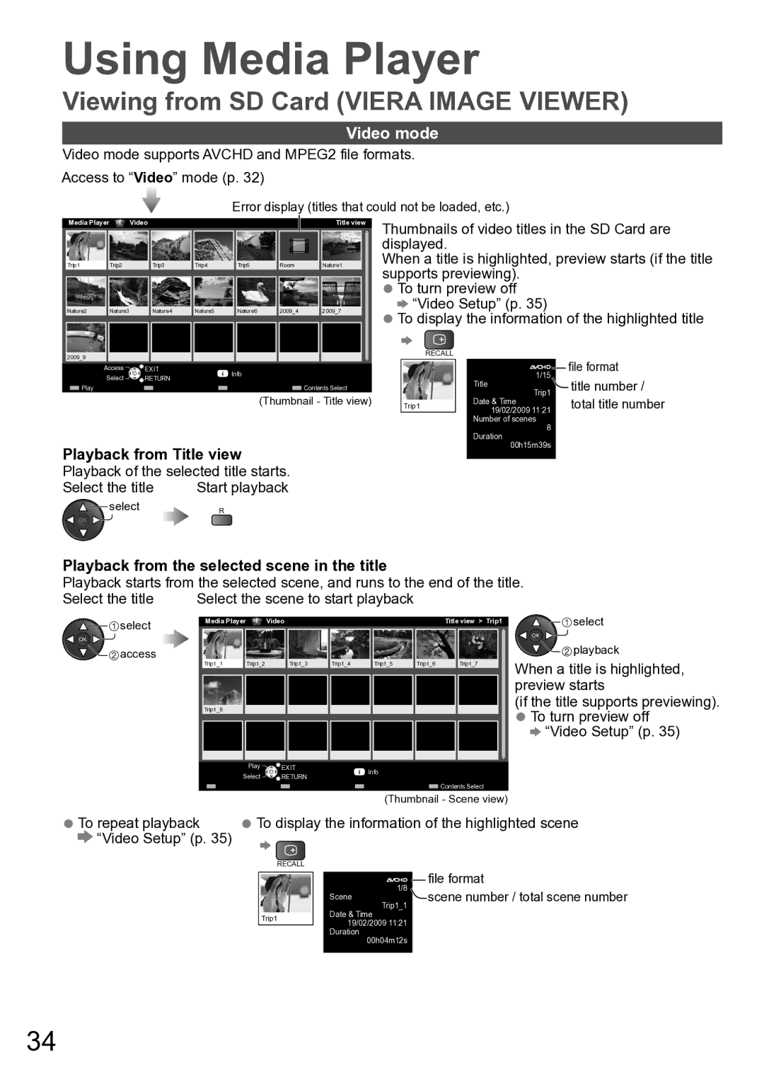 Panasonic TH-P50U20R manual Video mode, Playback from Title view, Playback of the selected title starts Select the title 