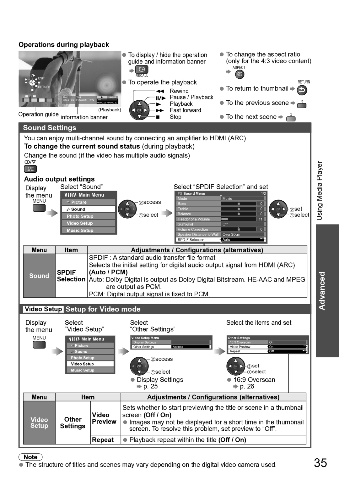 Panasonic TH-P50U20P, TH-P50U20M, TH-P50U20K, TH-P46U20R, TH-P46U20M manual Sound Settings, Video Setup Setup for Video mode 