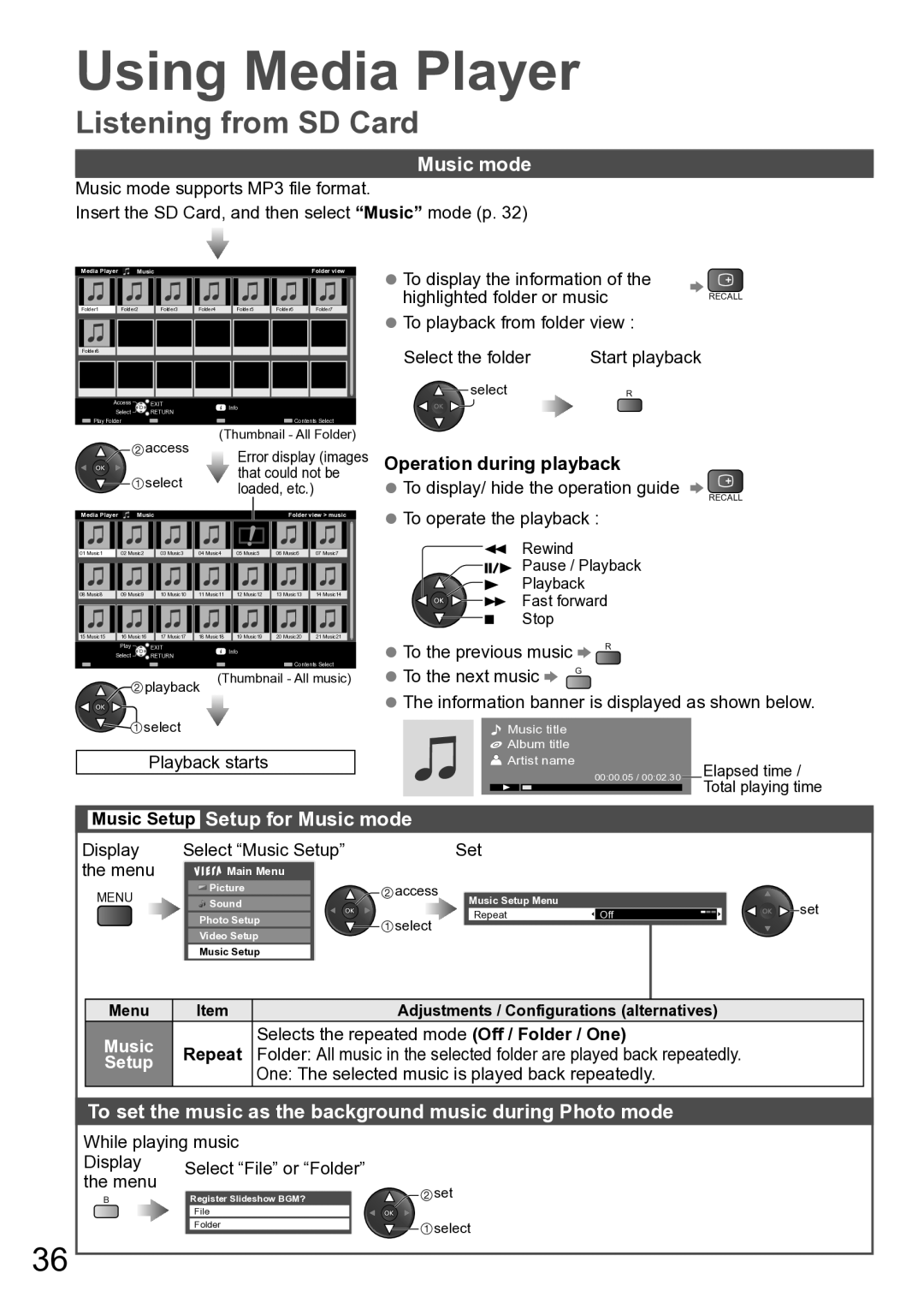 Panasonic TH-P46U20V, TH-P50U20M manual Setup for Music mode, To set the music as the background music during Photo mode 