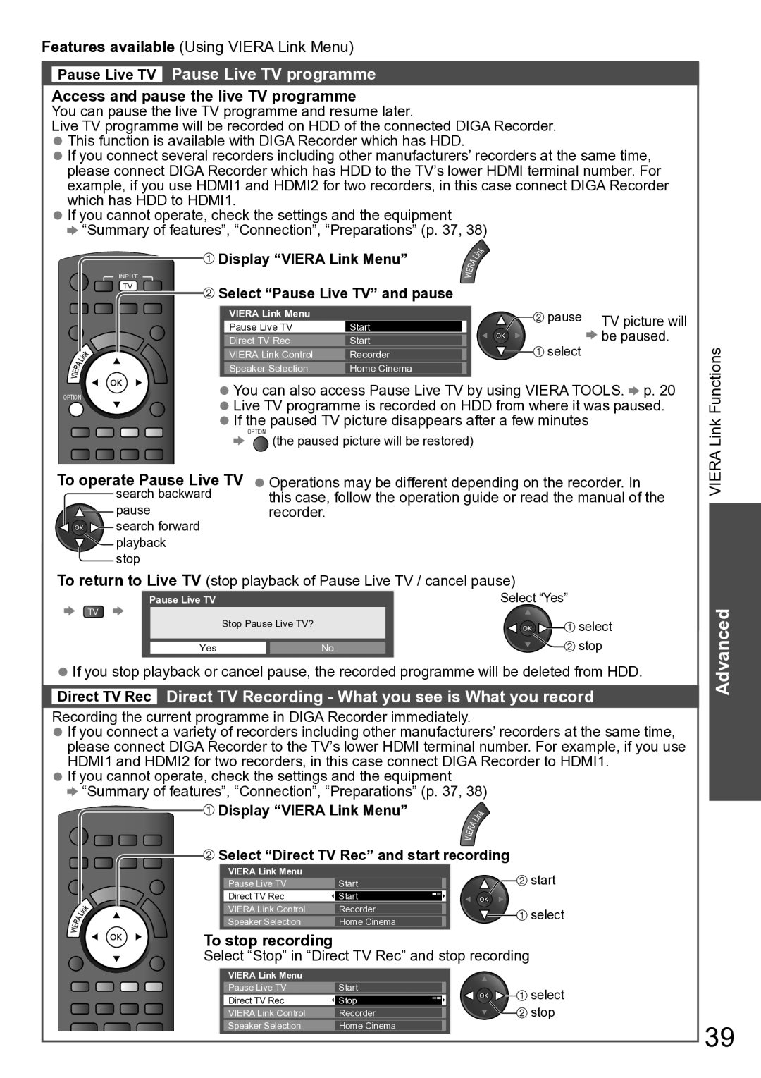 Panasonic TH-P50U20V, TH-P50U20M, TH-P50U20K Pause Live TV Pause Live TV programme, Access and pause the live TV programme 