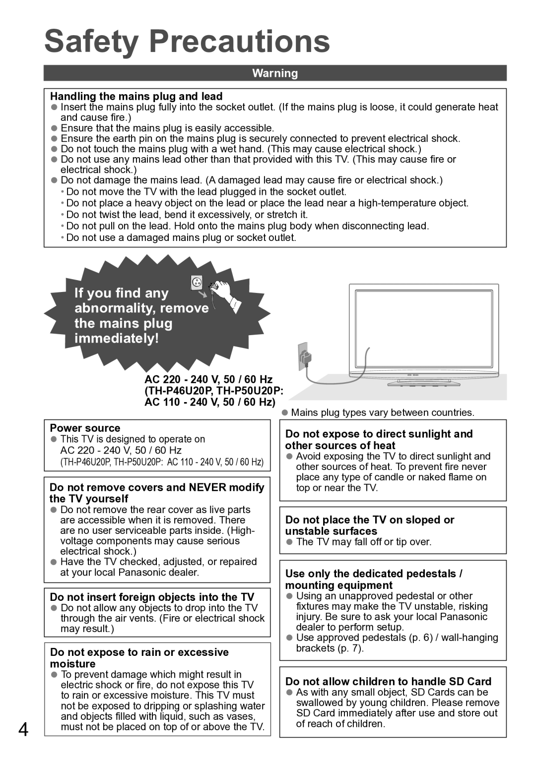 Panasonic TH-P50U20R, TH-P50U20M, TH-P50U20K, TH-P46U20R, TH-P46U20M, TH-P50U20P, TH-P46U20V, TH-P46U20K manual Safety Precautions 