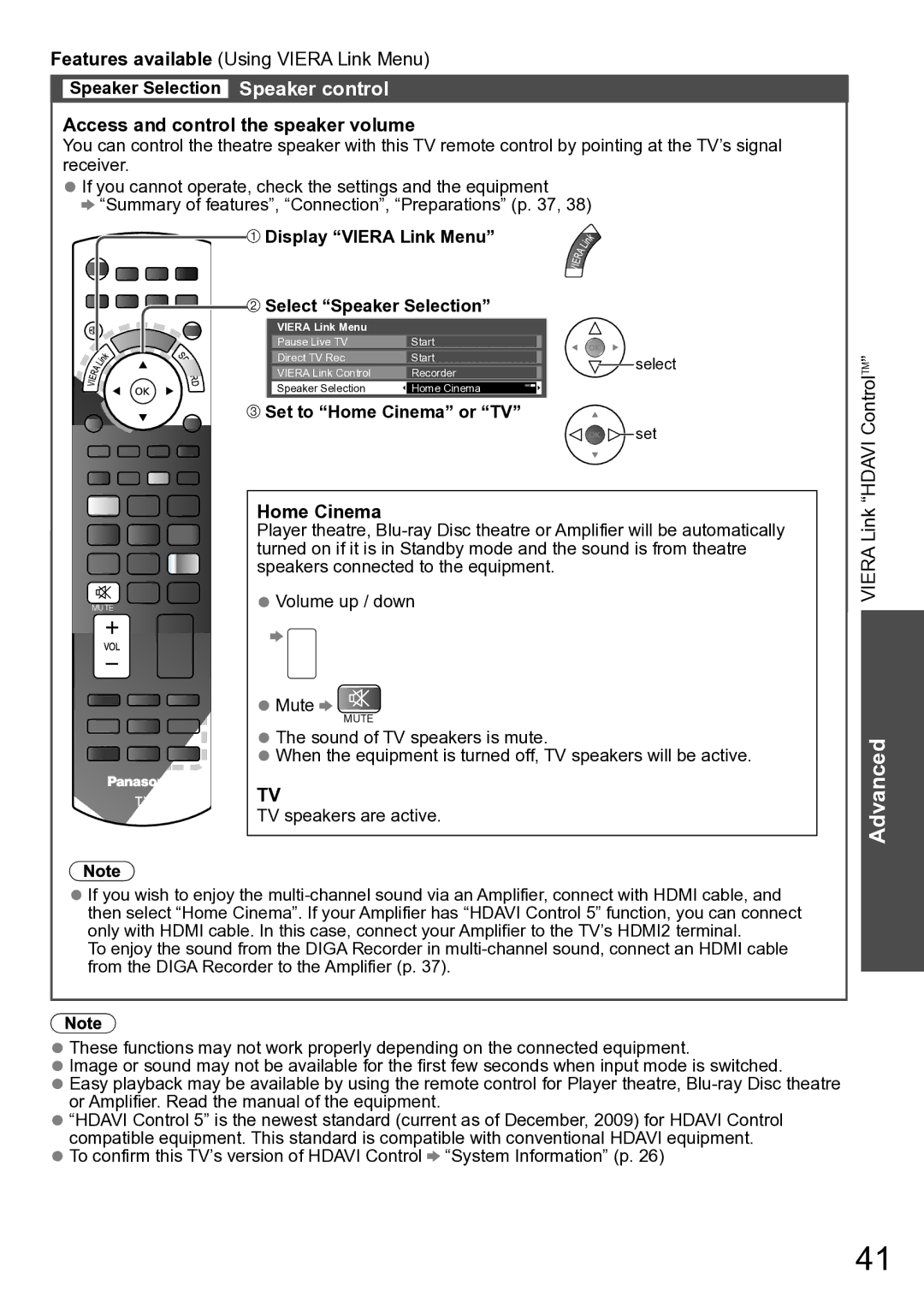 Panasonic TH-P50U20K, TH-P50U20M, TH-P46U20R, TH-P46U20M, TH-P50U20R, TH-P50U20P, TH-P46U20V manual Hdavi ControlTM, Home Cinema 