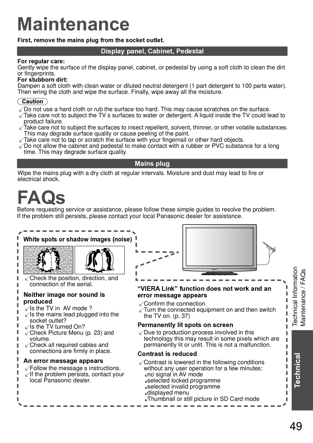 Panasonic TH-P50U20V, TH-P50U20M, TH-P50U20K, TH-P46U20R Maintenance, FAQs, Display panel, Cabinet, Pedestal, Mains plug 