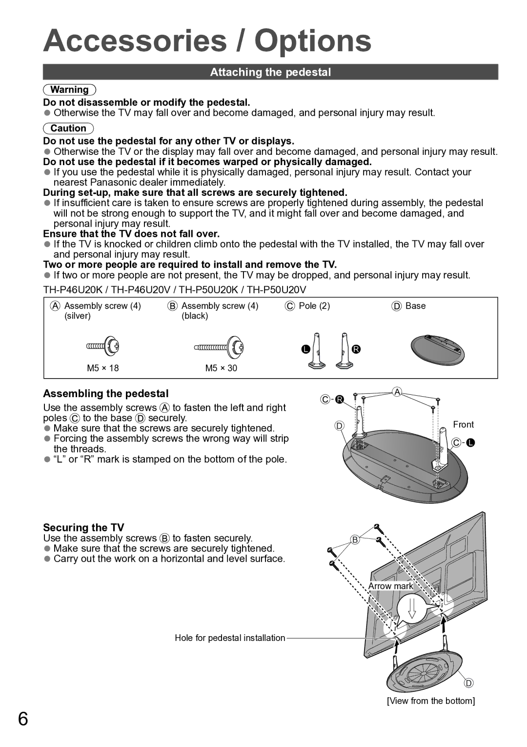 Panasonic TH-P46U20V, TH-P50U20M, TH-P50U20K, TH-P46U20R, TH-P46U20M, TH-P50U20R Accessories / Options, Attaching the pedestal 