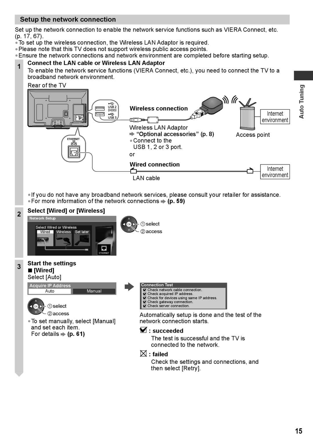 Panasonic TH-P50UT30P, TH-P50UT30V, TH-P50UT30D, TH-P50UT30Q manual Setup the network connection, Select Wired or Wireless 