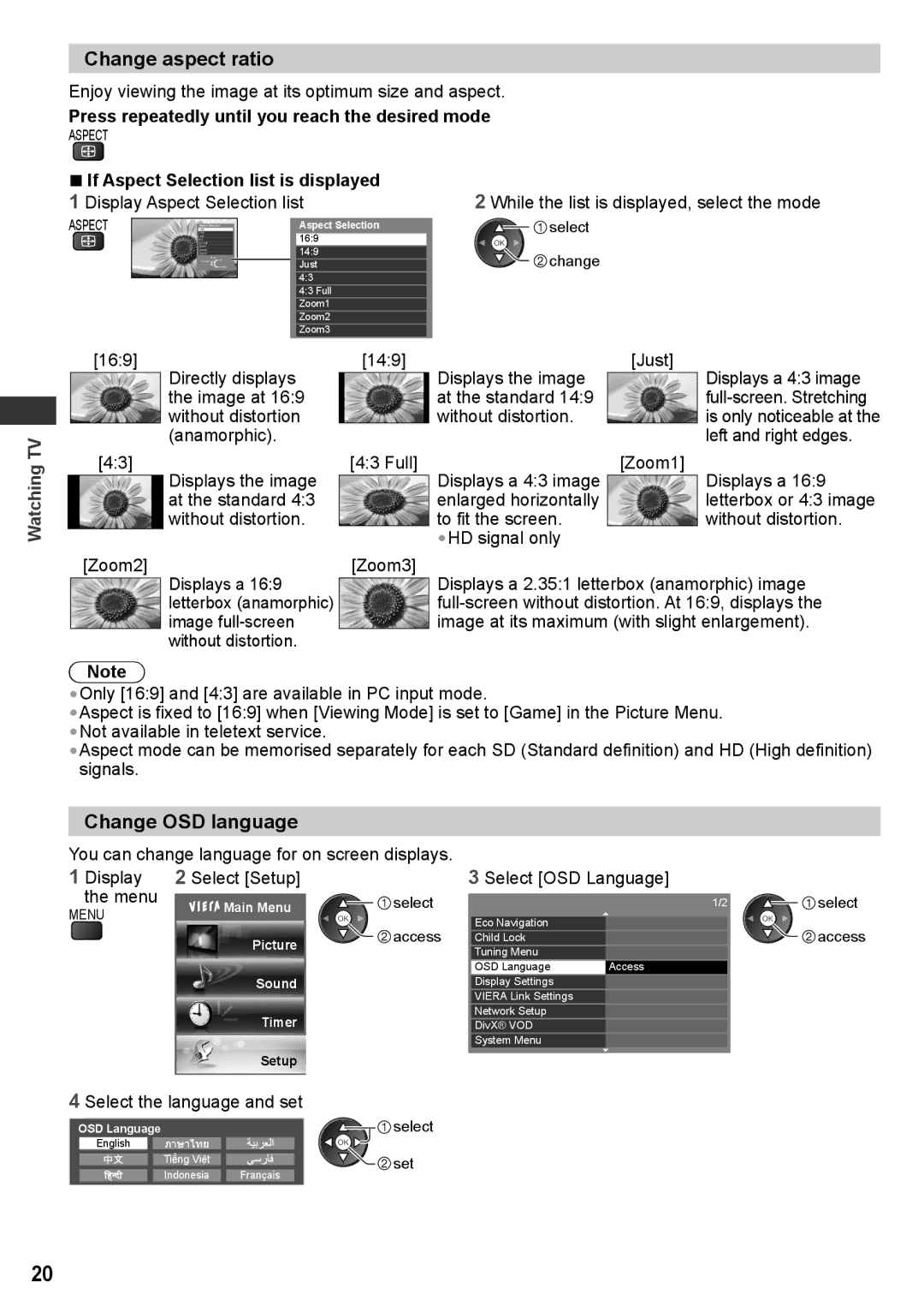 Panasonic TH-P42UT30M, TH-P50UT30V manual Change aspect ratio, Change OSD language, Watching TV, Display Select Setup Menu 