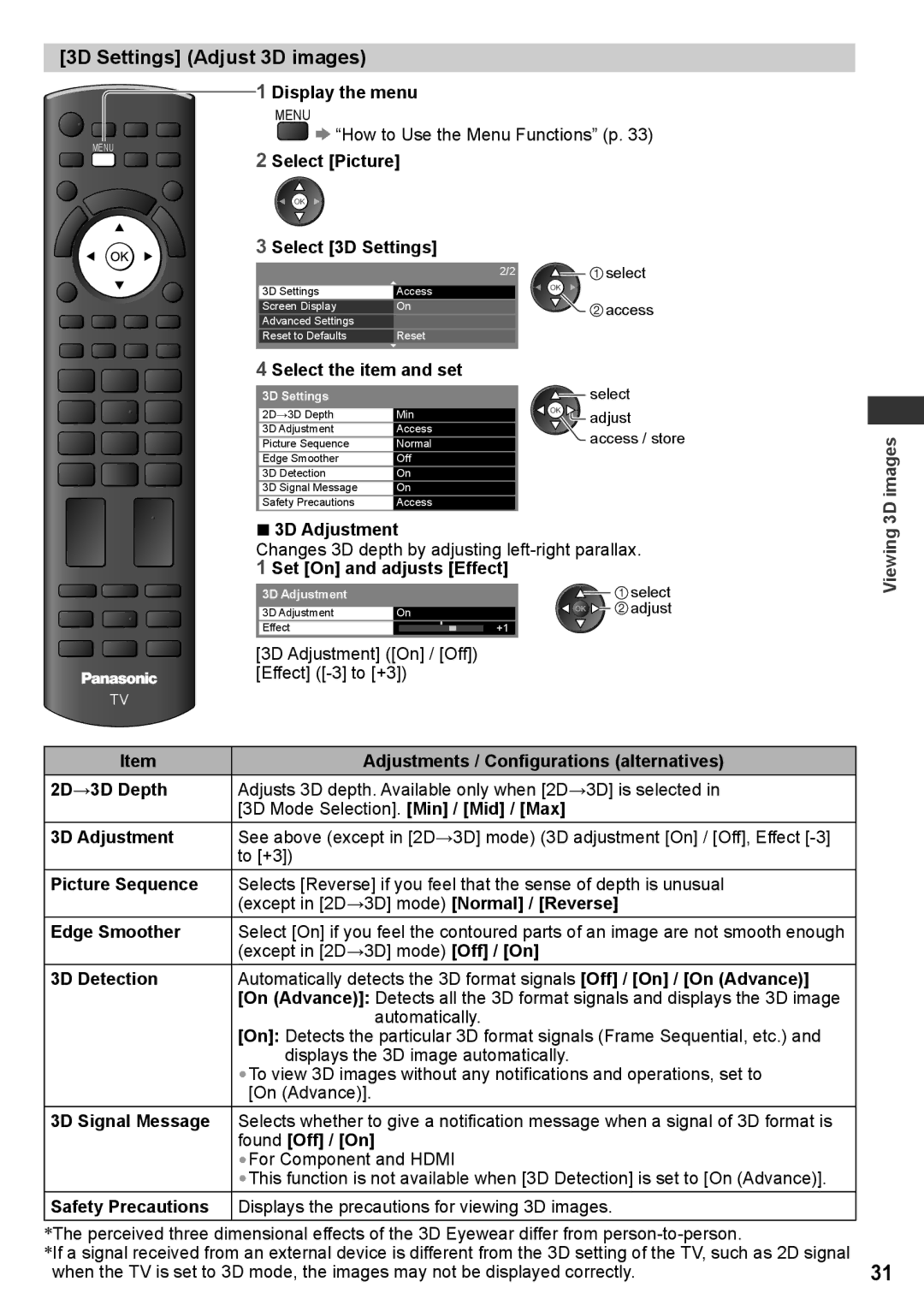 Panasonic TH-P42UT30V, TH-P50UT30V manual 3D Settings Adjust 3D images, Display the menu, Select Picture, Select 3D Settings 