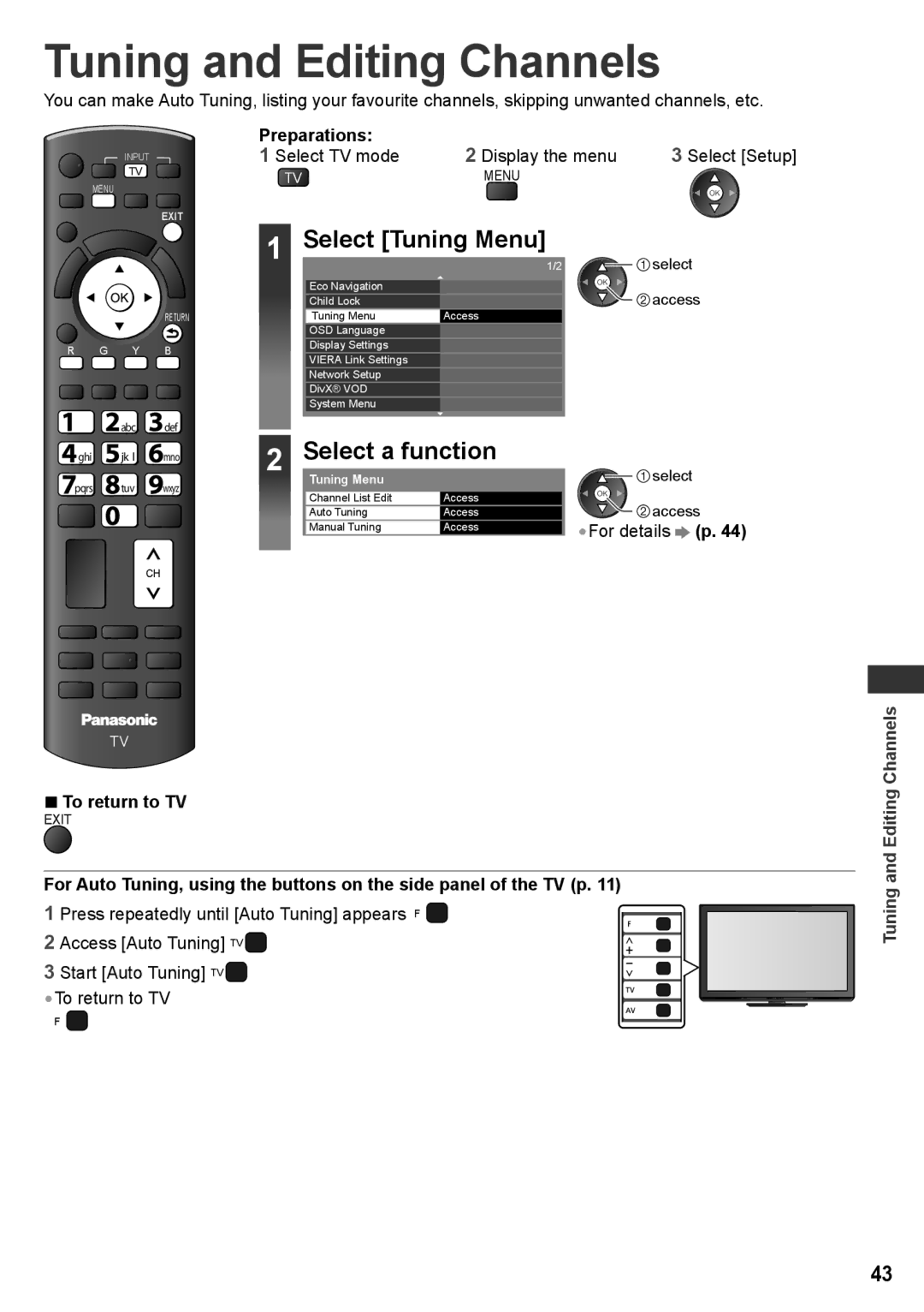 Panasonic TH-P42UT30V manual Tuning and Editing Channels, Preparations, Select TV mode Display the menu, For details p 