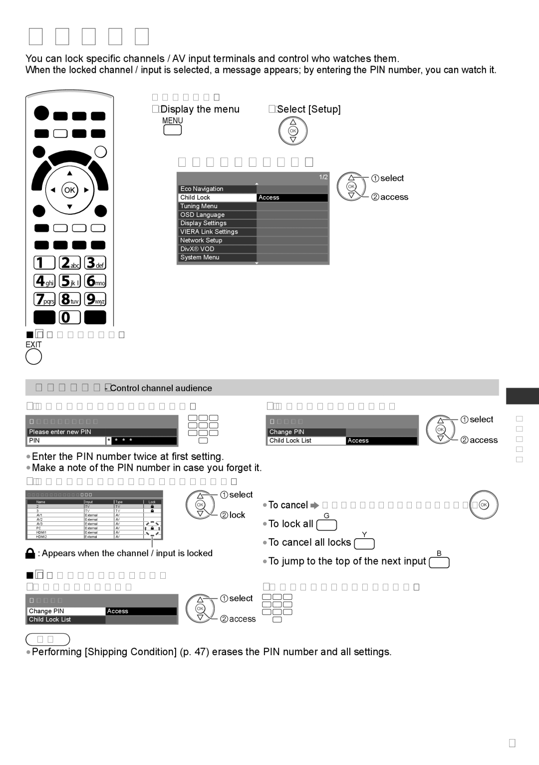 Panasonic TH-P42UT30K, TH-P50UT30V, TH-P50UT30D manual Preparations, Enter the PIN number 4 digits Select Child Lock List 