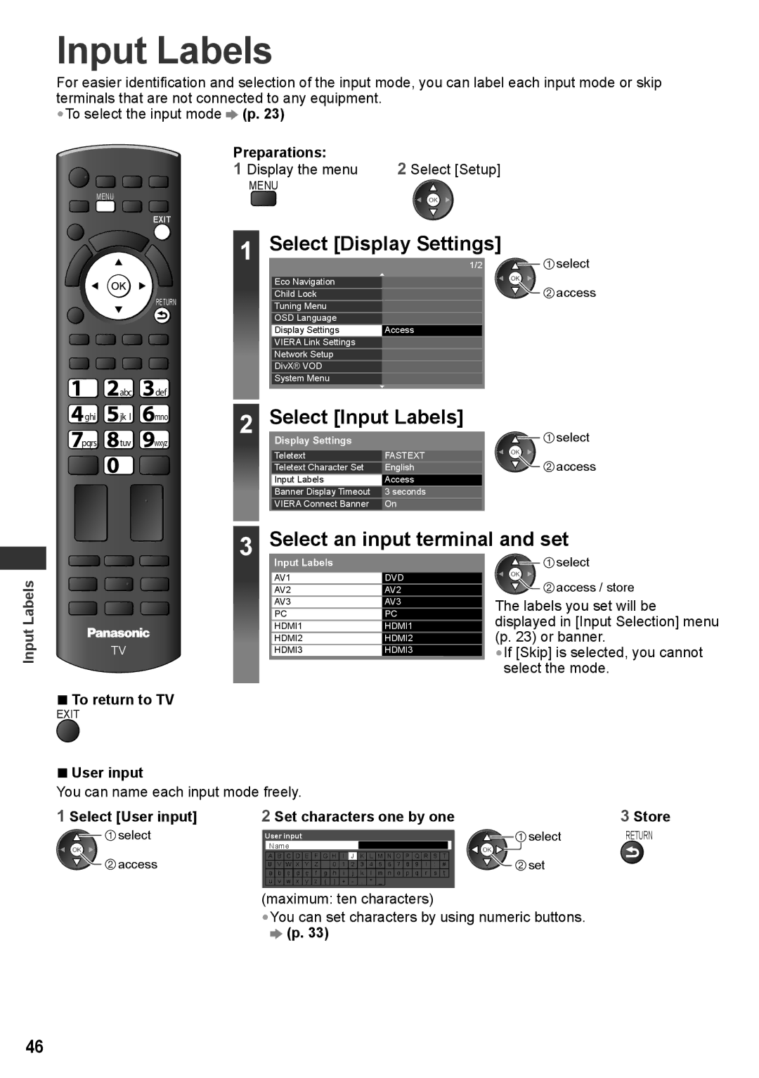 Panasonic TH-P42UT30P, TH-P50UT30V, TH-P50UT30D, TH-P50UT30Q manual Input Labels, Select an input terminal and set, User input 