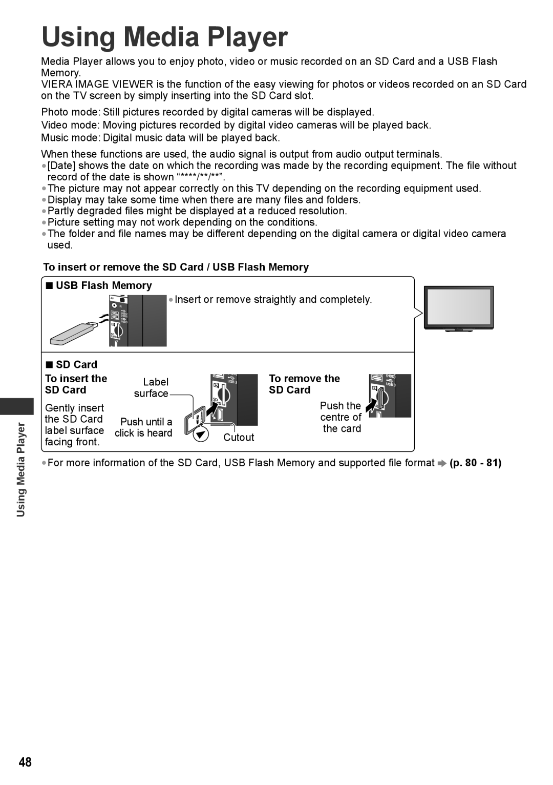 Panasonic TH-P50UT30V, TH-P50UT30D, TH-P50UT30Q, TH-P50UT30P, TH-P50UT30M, TH-P42UT30Q, TH-P42UT30T manual Using Media Player 