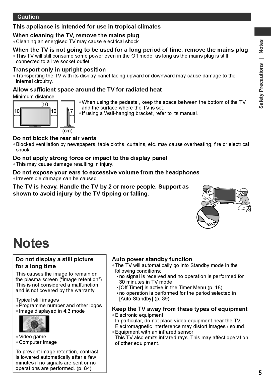 Panasonic TH-P42UT30Q manual Transport only in upright position, Allow sufficient space around the TV for radiated heat 