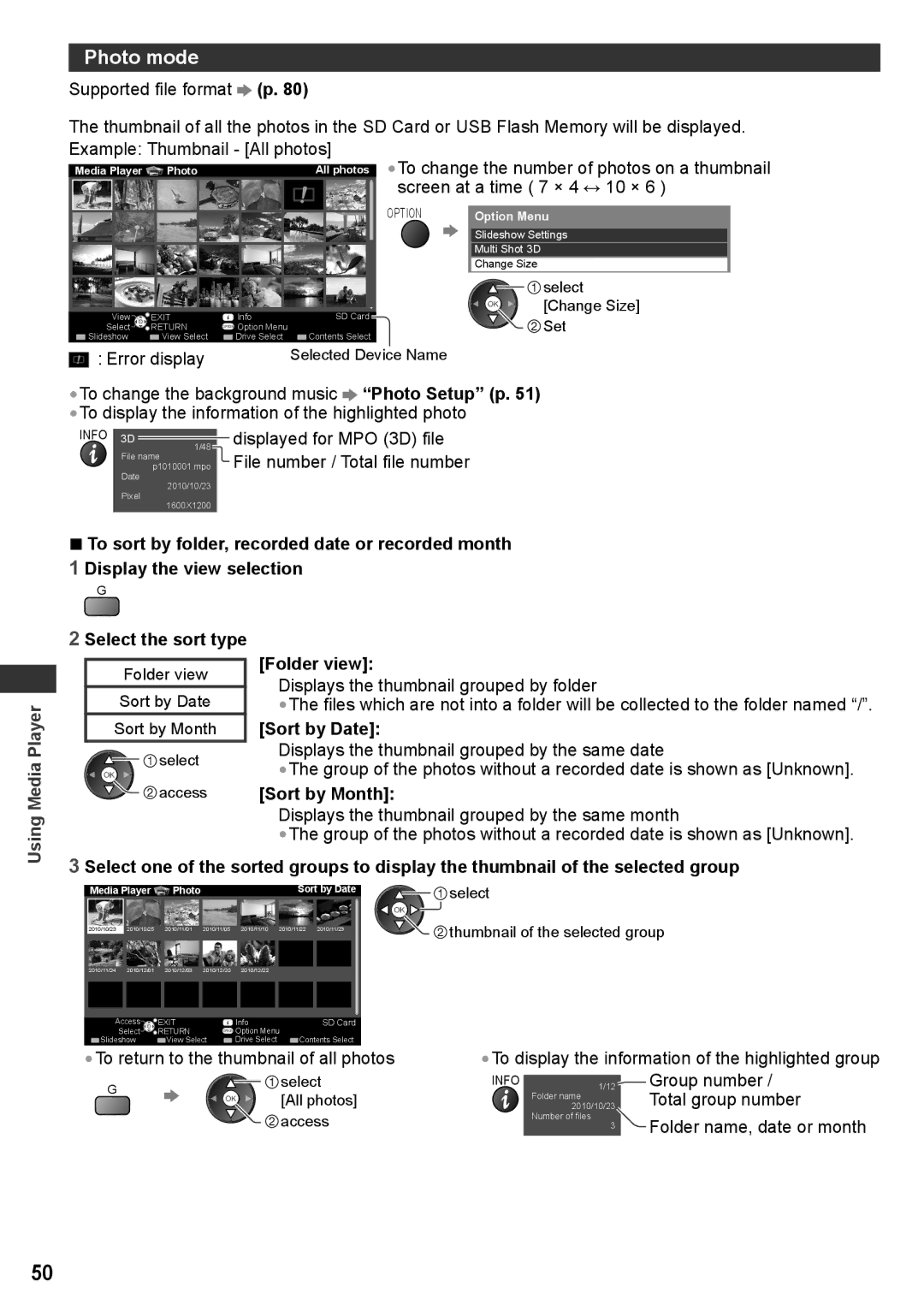 Panasonic TH-P50UT30Q, TH-P50UT30V, TH-P50UT30D, TH-P50UT30P manual Photo mode, Folder view, Sort by Date, Sort by Month 