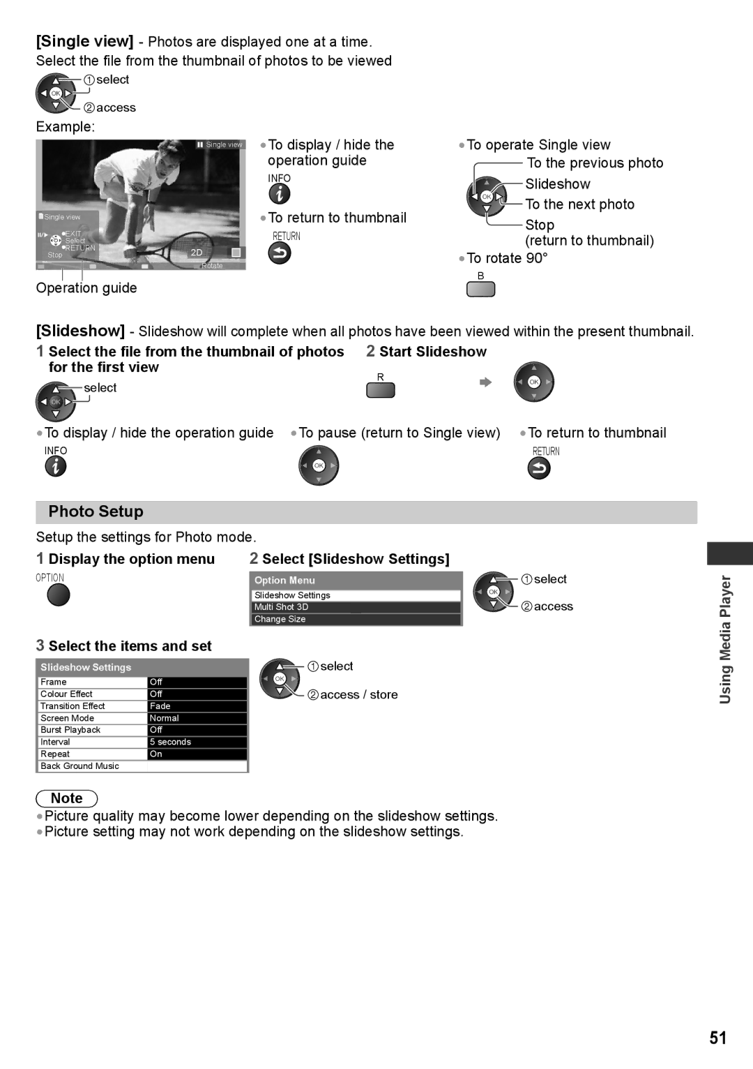 Panasonic TH-P50UT30P manual Photo Setup, Display the option menu Select Slideshow Settings, Select the items and set 