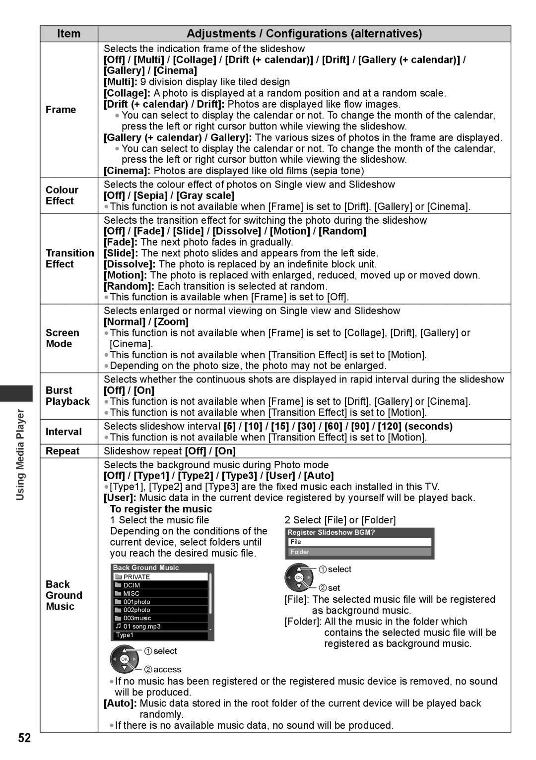 Panasonic TH-P50UT30M, TH-P50UT30V, TH-P50UT30D, TH-P50UT30Q Adjustments / Configurations alternatives, Back, Ground, Music 