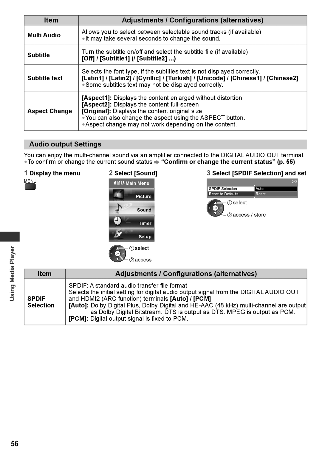 Panasonic TH-P42UT30M, TH-P50UT30V, TH-P50UT30D, TH-P50UT30Q, TH-P50UT30P, TH-P50UT30M, TH-P42UT30Q manual Audio output Settings 