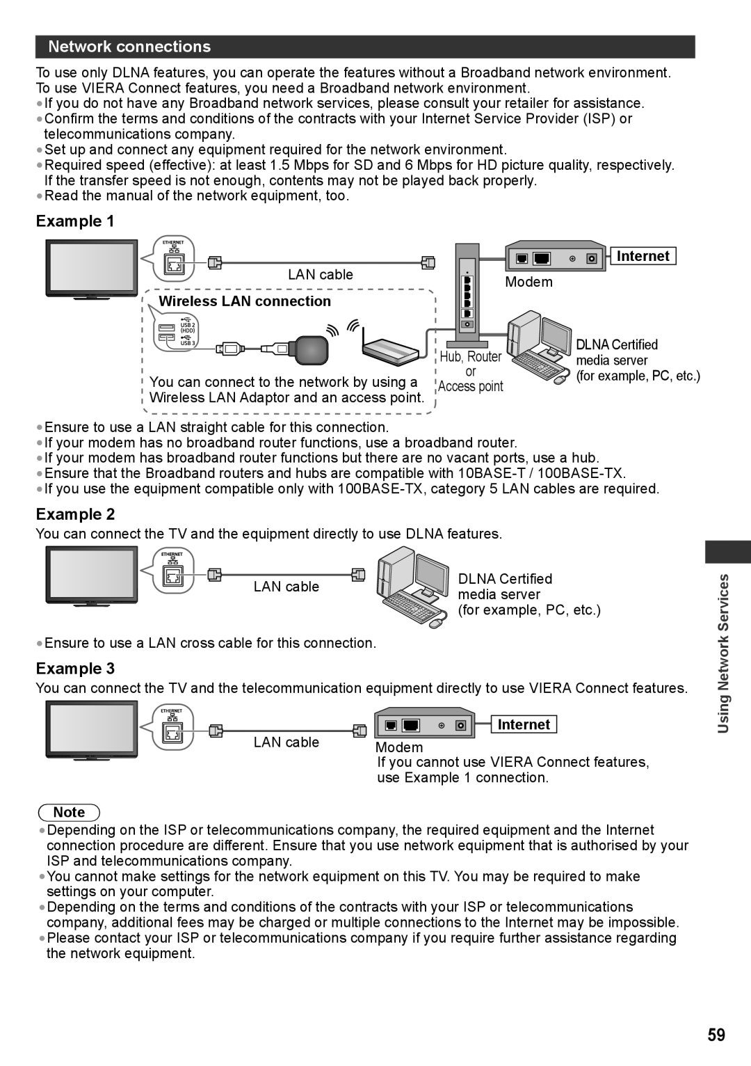 Panasonic TH-P42UT30D, TH-P50UT30V manual Network connections, Example, Wireless LAN connection, Internet, Network Services 