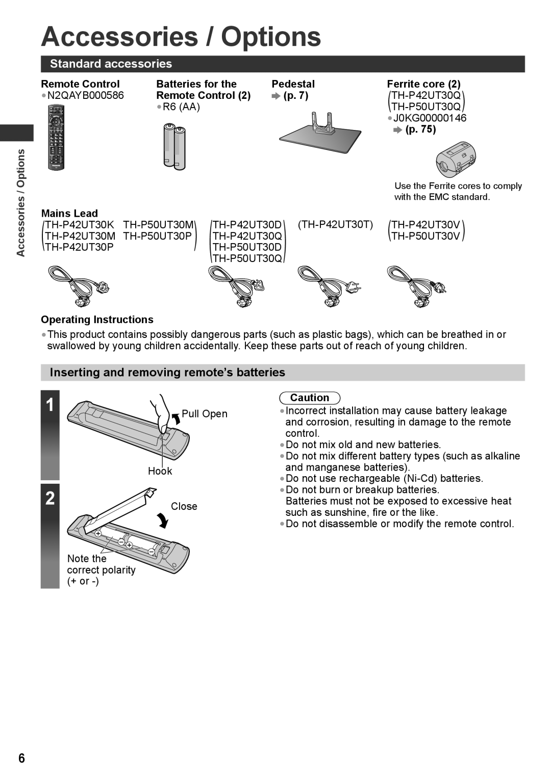 Panasonic TH-P42UT30T, TH-P50UT30V Accessories / Options, Standard accessories, Inserting and removing remote’s batteries 