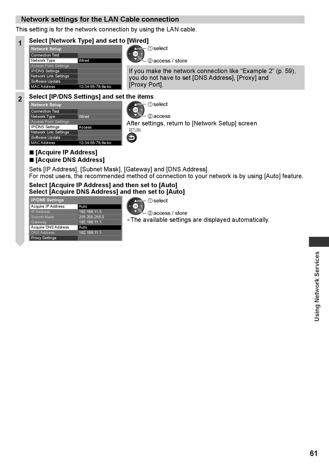 Panasonic TH-P50UT30D, TH-P50UT30V Network settings for the LAN Cable connection, Select Network Type and set to Wired 