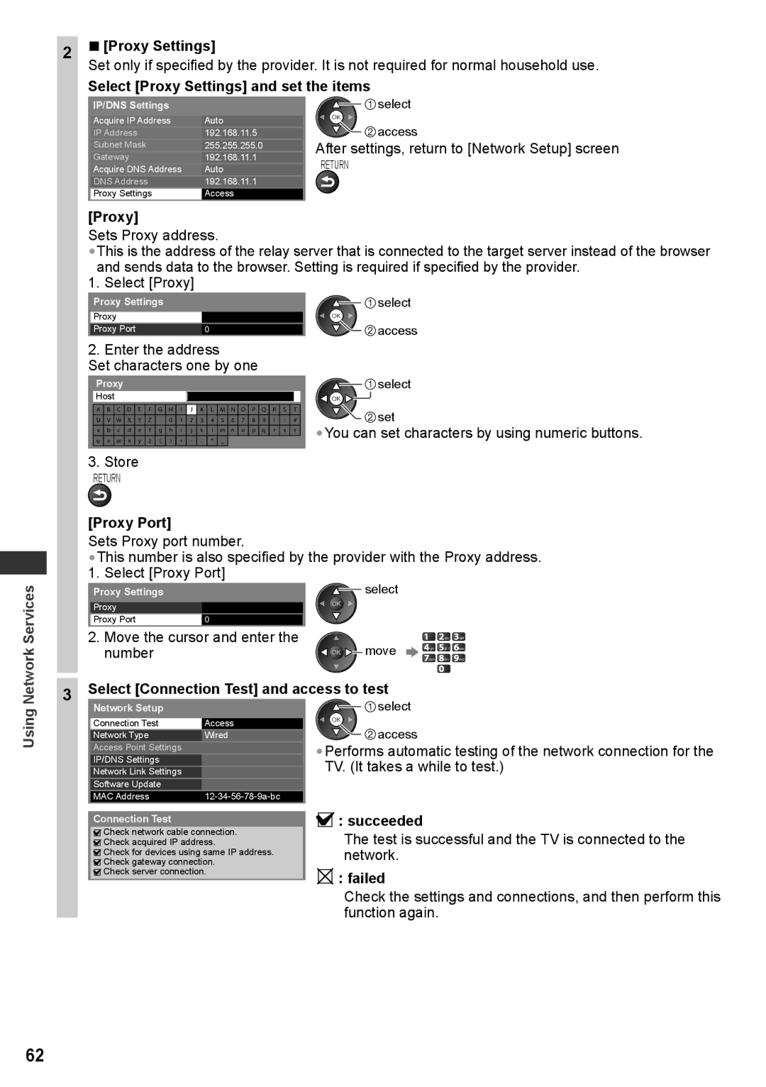 Panasonic TH-P50UT30Q Select Proxy Settings and set the items, Proxy Port, Select Connection Test and access to test 