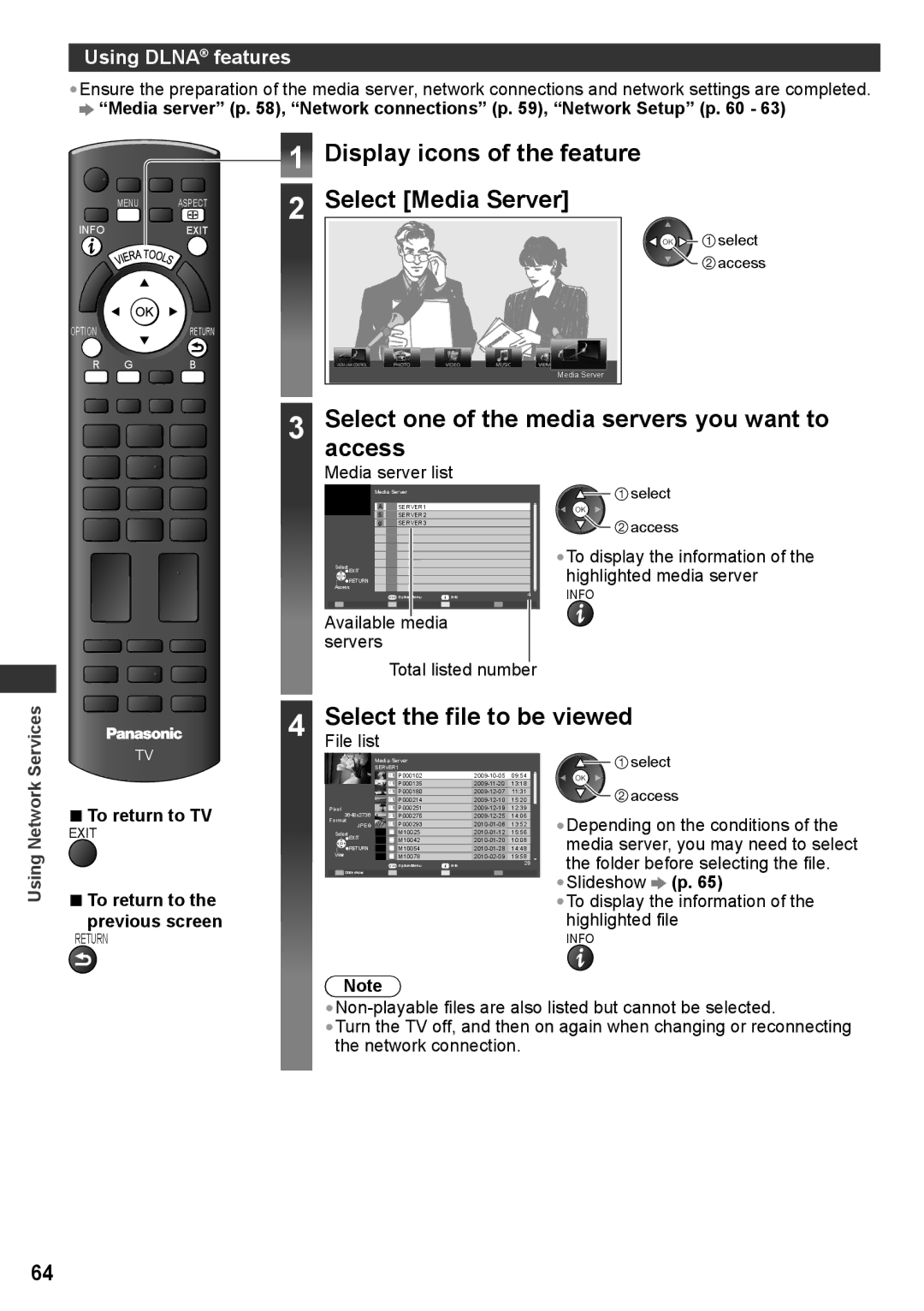 Panasonic TH-P50UT30M Select one of the media servers you want to access, Select the file to be viewed, Using Network 