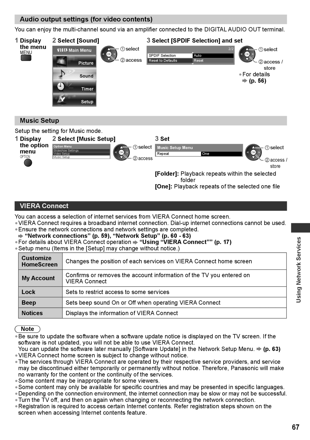 Panasonic TH-P42UT30V, TH-P50UT30V, TH-P50UT30D, TH-P50UT30Q manual Audio output settings for video contents, Viera Connect 