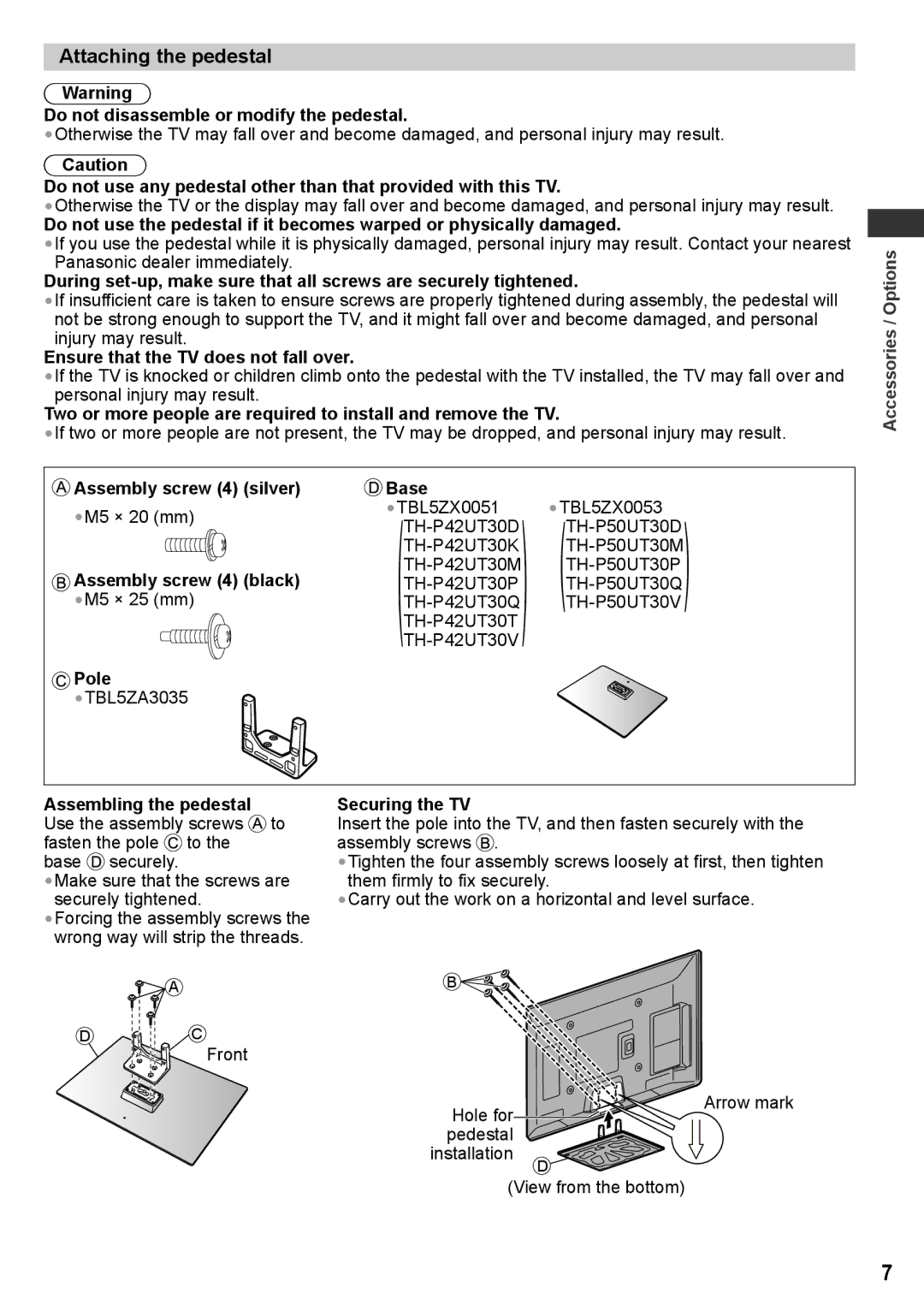 Panasonic TH-P42UT30V, TH-P50UT30V, TH-P50UT30D, TH-P50UT30Q, TH-P50UT30P, TH-P50UT30M, TH-P42UT30Q manual Attaching the pedestal 