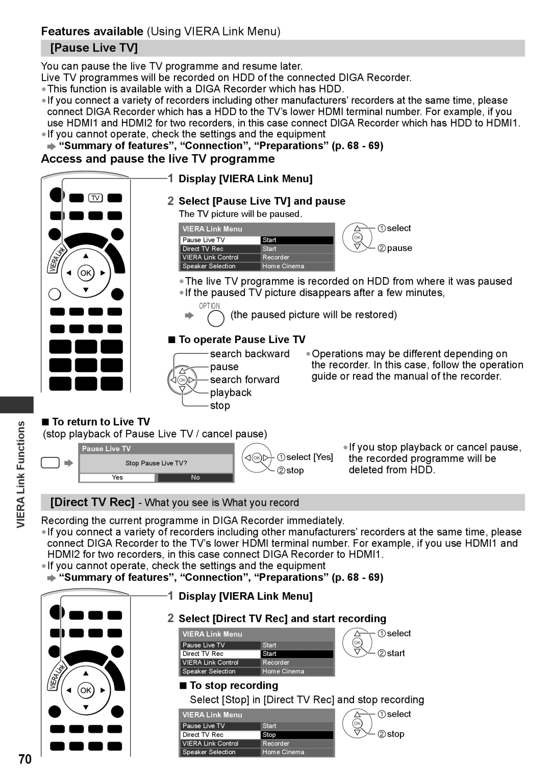 Panasonic TH-P42UT30P Pause Live TV, Access and pause the live TV programme, Display Viera Link Menu, To stop recording 