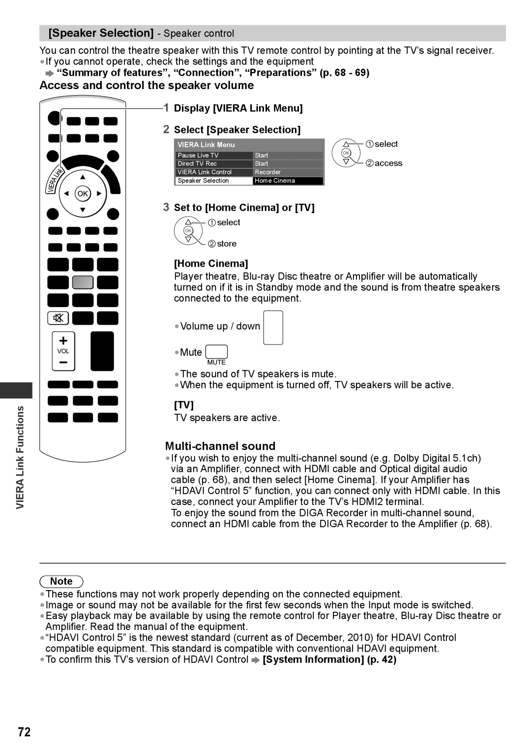 Panasonic TH-P50UT30V manual Speaker Selection Speaker control, Access and control the speaker volume, Multi-channel sound 