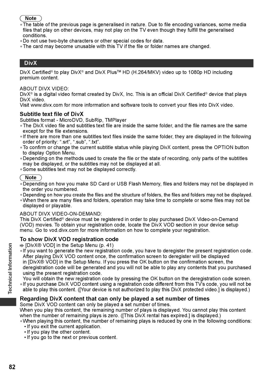 Panasonic TH-P42UT30P, TH-P50UT30V, TH-P50UT30D manual Subtitle text file of DivX, To show DivX VOD registration code 