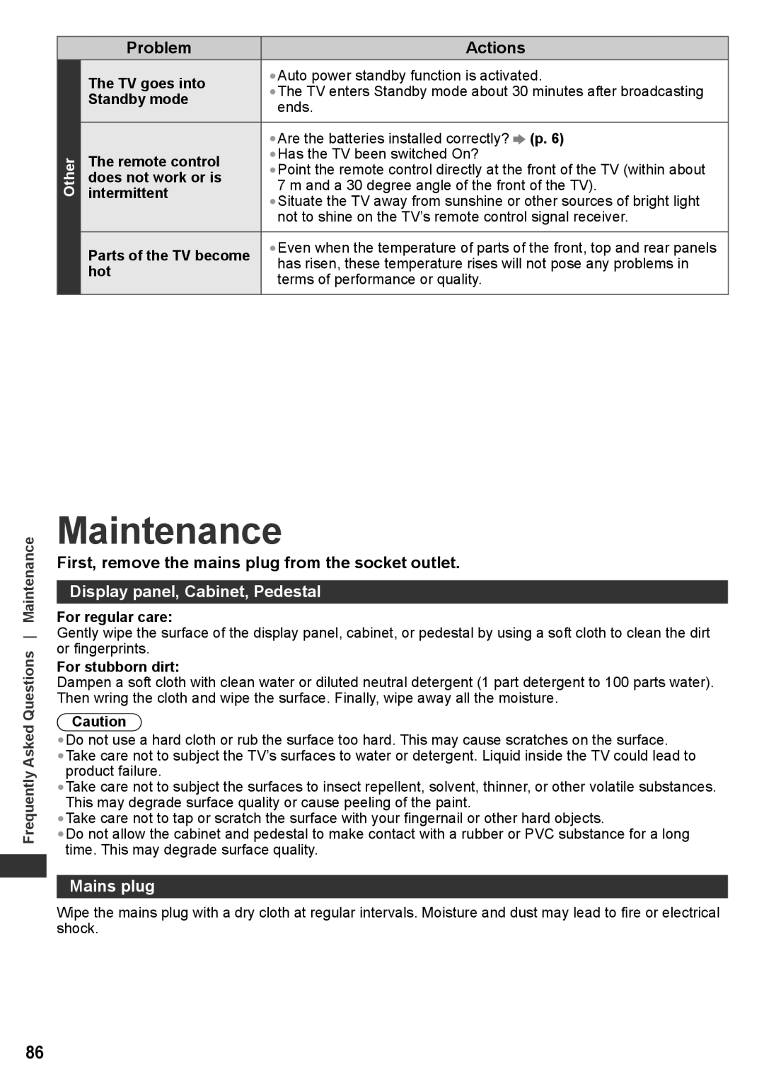 Panasonic TH-P50UT30Q Maintenance, First, remove the mains plug from the socket outlet, Display panel, Cabinet, Pedestal 