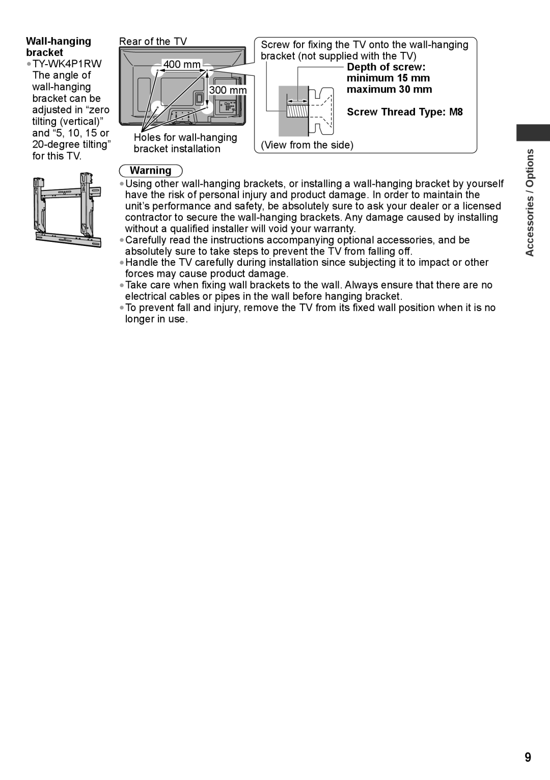 Panasonic TH-P42UT30K manual Rear of the TV 400 mm 300 mm, Screw Thread Type M8, View from the side, Options, Accessories 