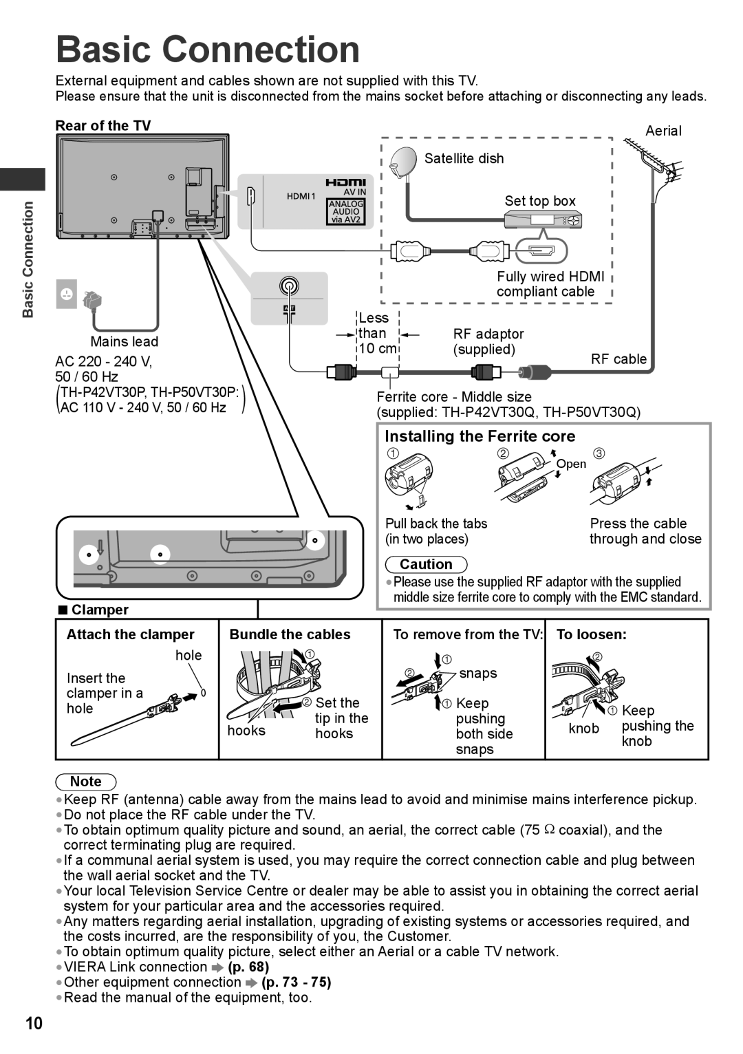 Panasonic TH-P50VT30M TH-P42VT30V, TH-P50VT30T, TQB4TC0095, TH-P50VT30V Basic Connection, Installing the Ferrite core 