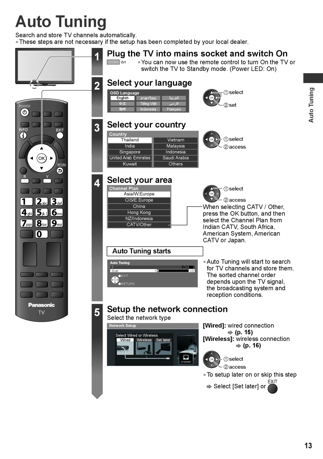 Panasonic TH-P50VT30V, TH-P50VT30T Auto Tuning, Plug the TV into mains socket and switch On, Select your language 