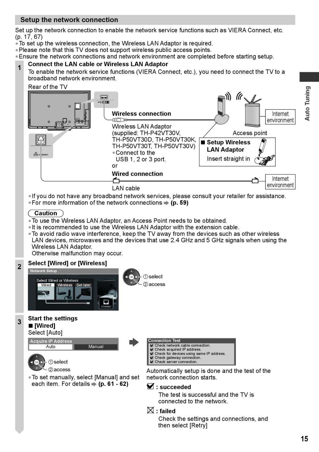 Panasonic TH-P50VT30P, TH-P50VT30T, TQB4TC0095, TH-P50VT30V Setup the network connection, Select Wired or Wireless 