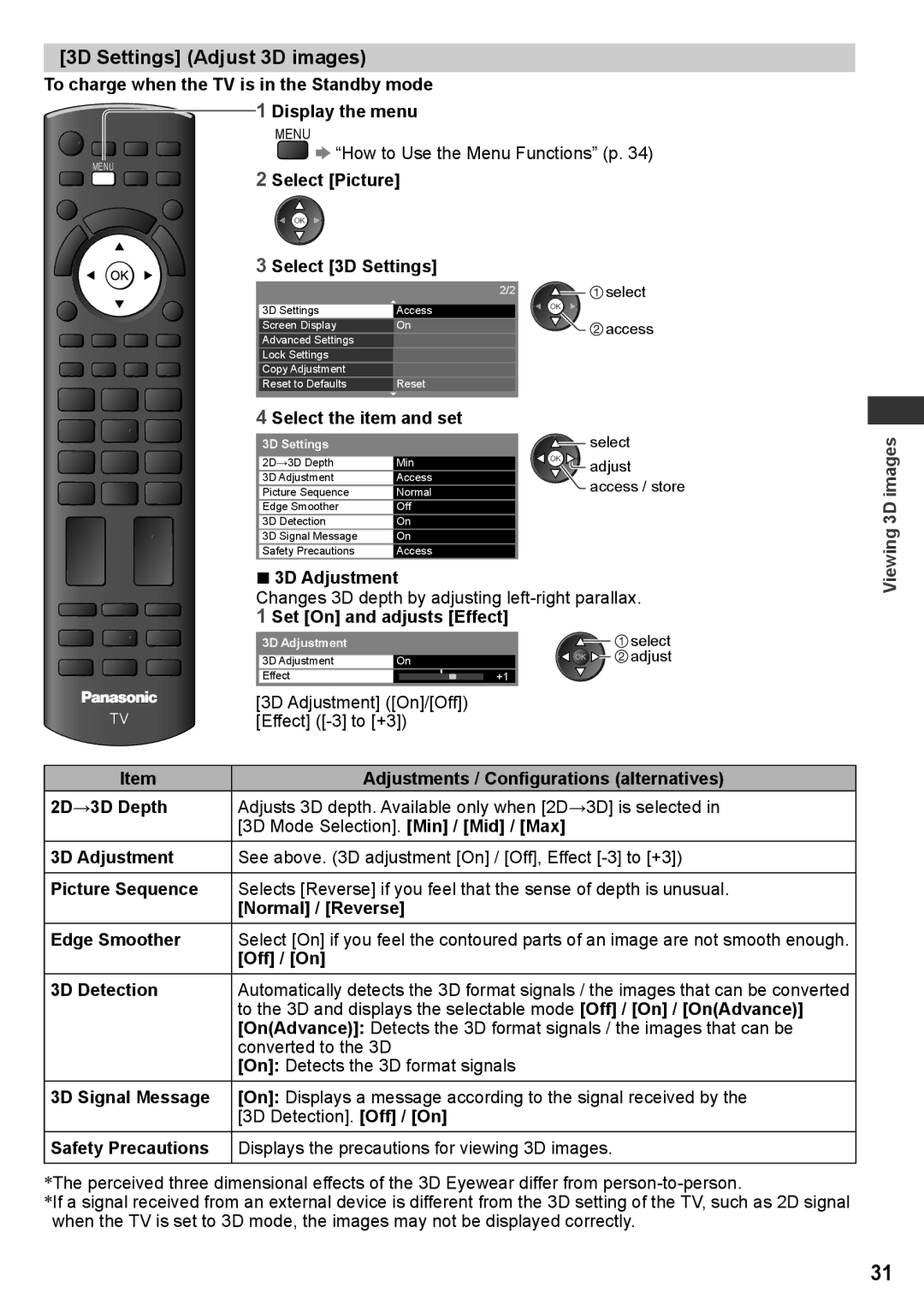 Panasonic TH-P42VT30Q, TH-P50VT30T, TQB4TC0095, TH-P50VT30V, TH-P42VT30P, TH-P50VT30P, TH-P50VT30K 3D Settings Adjust 3D images 