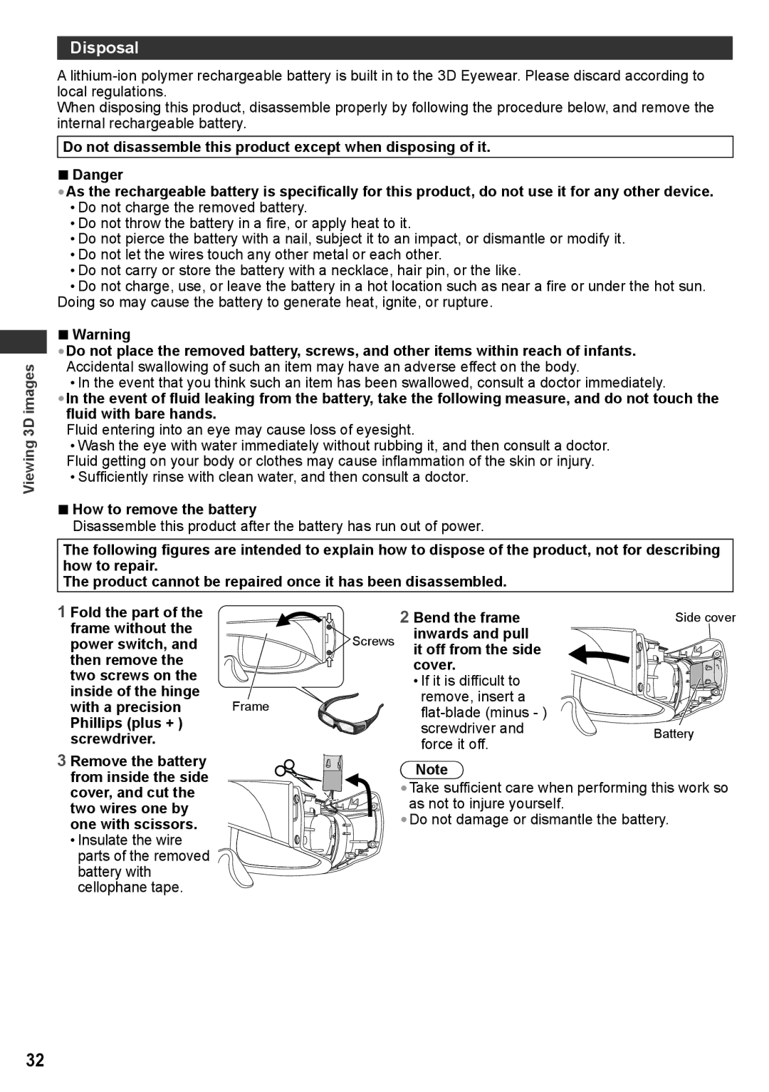 Panasonic TH-P50VT30M TH-P42VT30V Disposal, Fluid entering into an eye may cause loss of eyesight, Frame without 